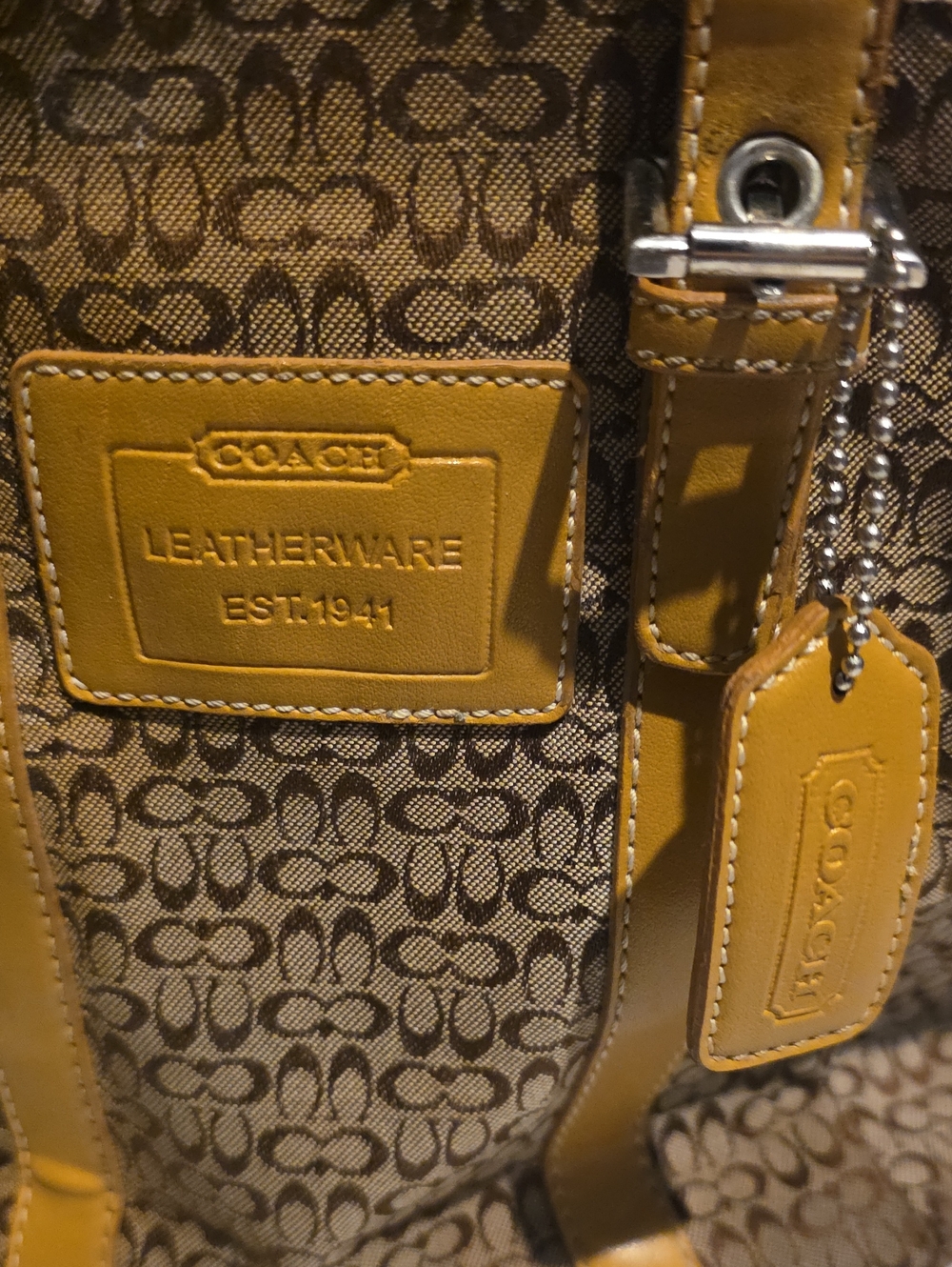 Coach Brown Signature Tote with Mustard Trim - Picture 2 of 8